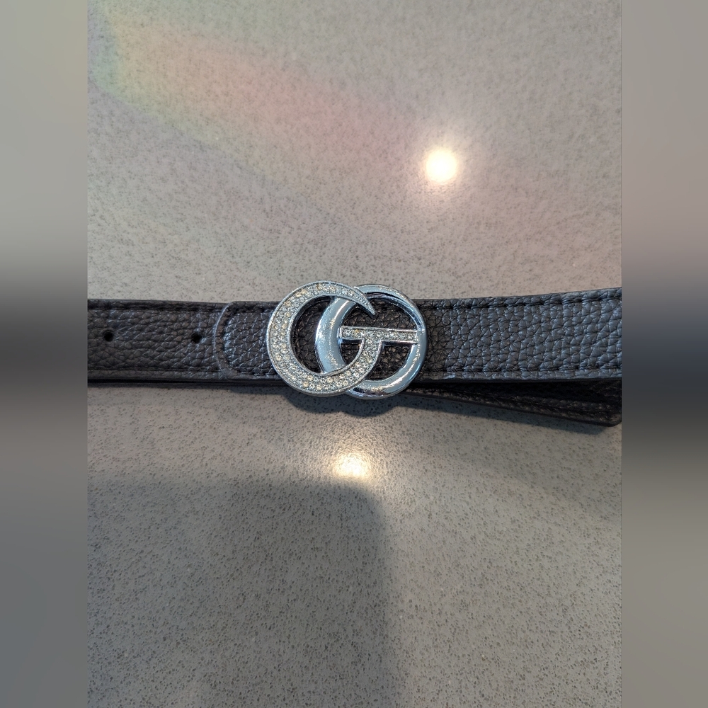 Black Leather Belt with Iced Out Sparkle GG Buckle